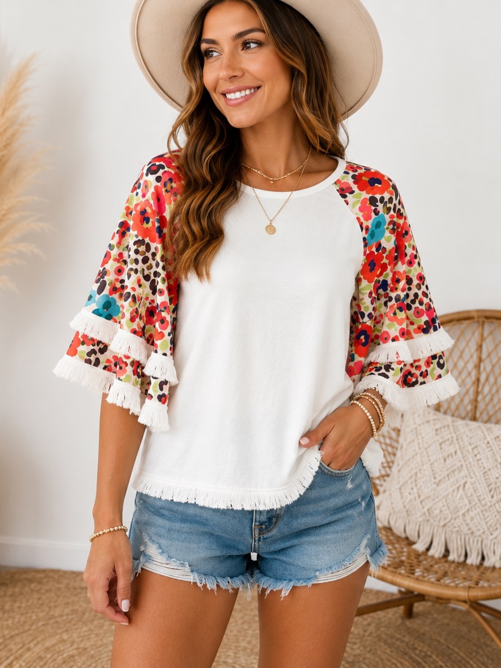 White Fringe Tee with Multicolor Floral Raglan Sleeves
